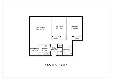 Floor plan for 2 beds, 1 bath, 1050 sqft